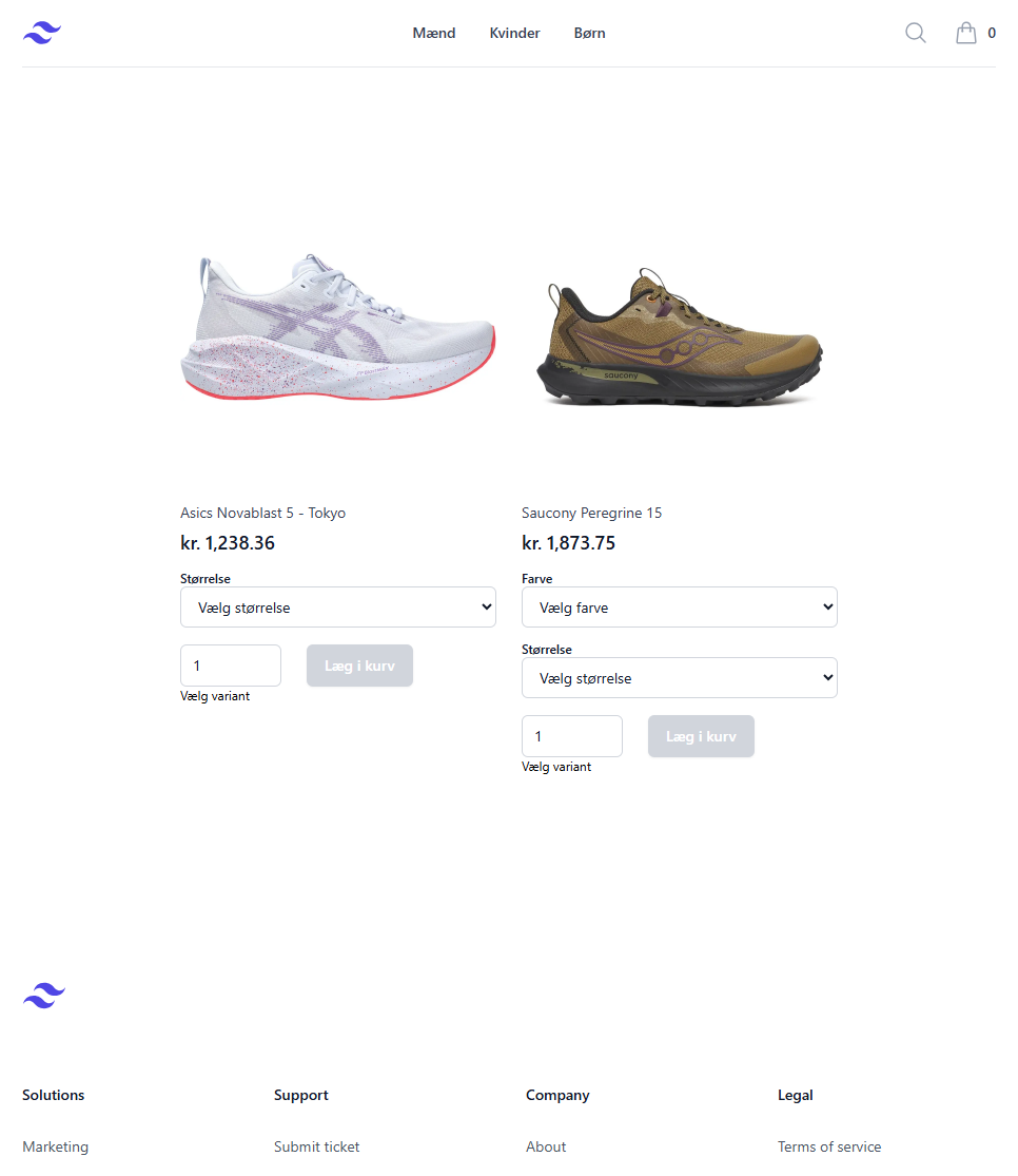 Storefront product listing with variant pickers and add to cart