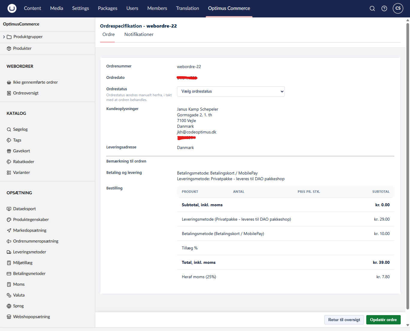 Order detail view showing customer, payment and delivery lines